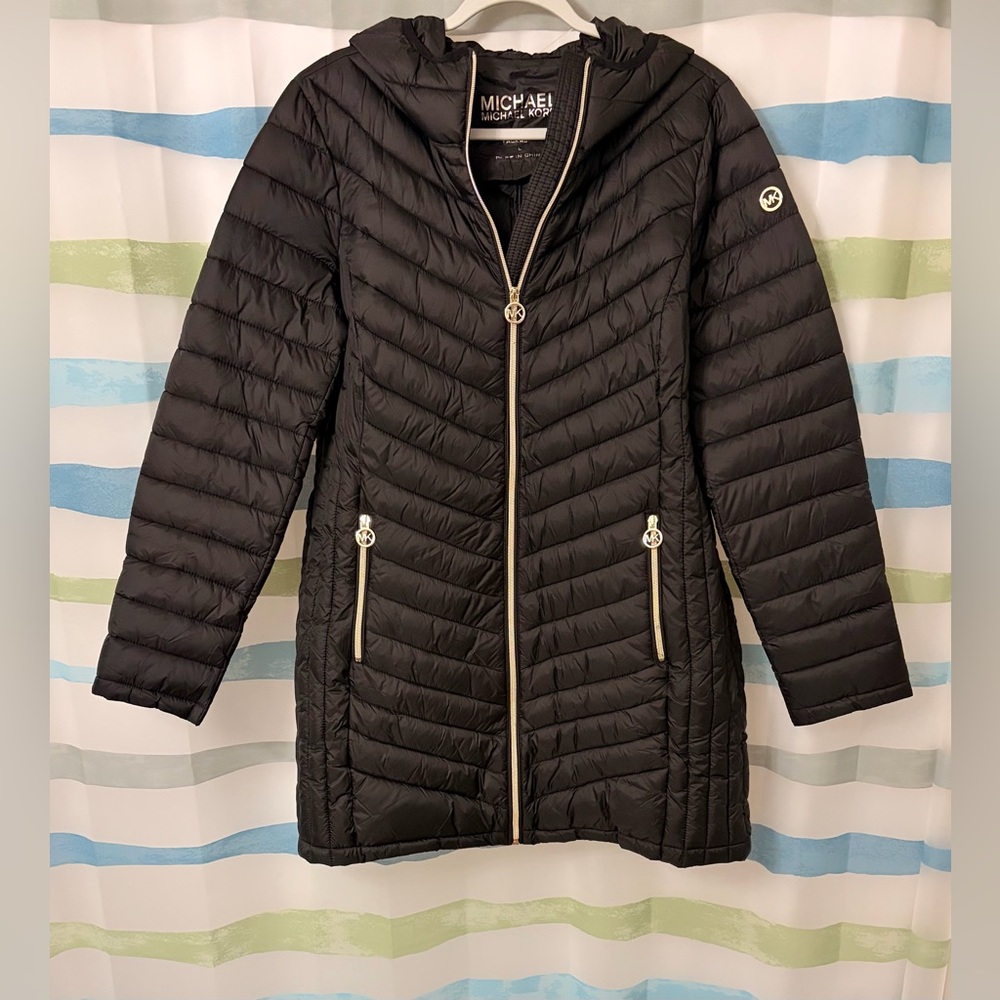 Michael Kors Long Packable Woman’s Winter Jacket Hooded Zip-Up Black Size:L (R10
